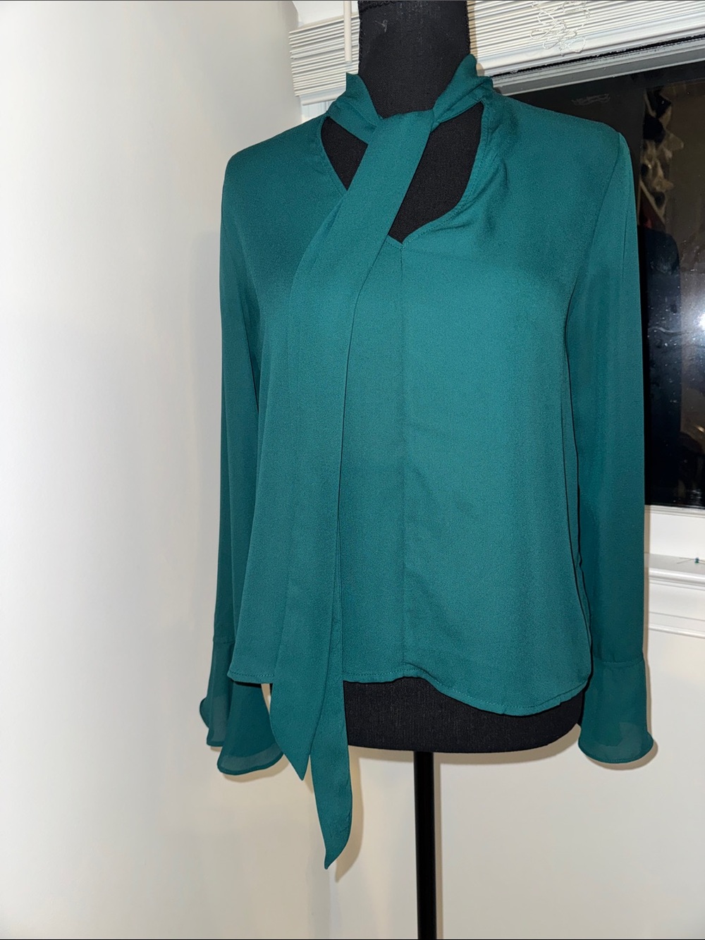 Shinestar Teal Tie-Neck Long Sleeve Blouse